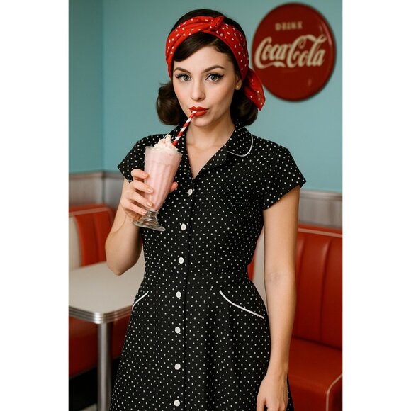 HeartSoul Dresses & Skirts - HeartSoul Black Polka Dot Shirt Dress–Size 5–Retro Pinup Vibe w/ Belt & Piping